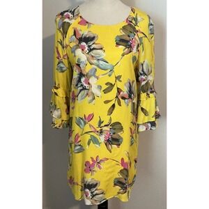 Gianni Bini Yellow Floral Shift Dress Ruffle 3/4 Sleeve Scoop Neck Pullover L